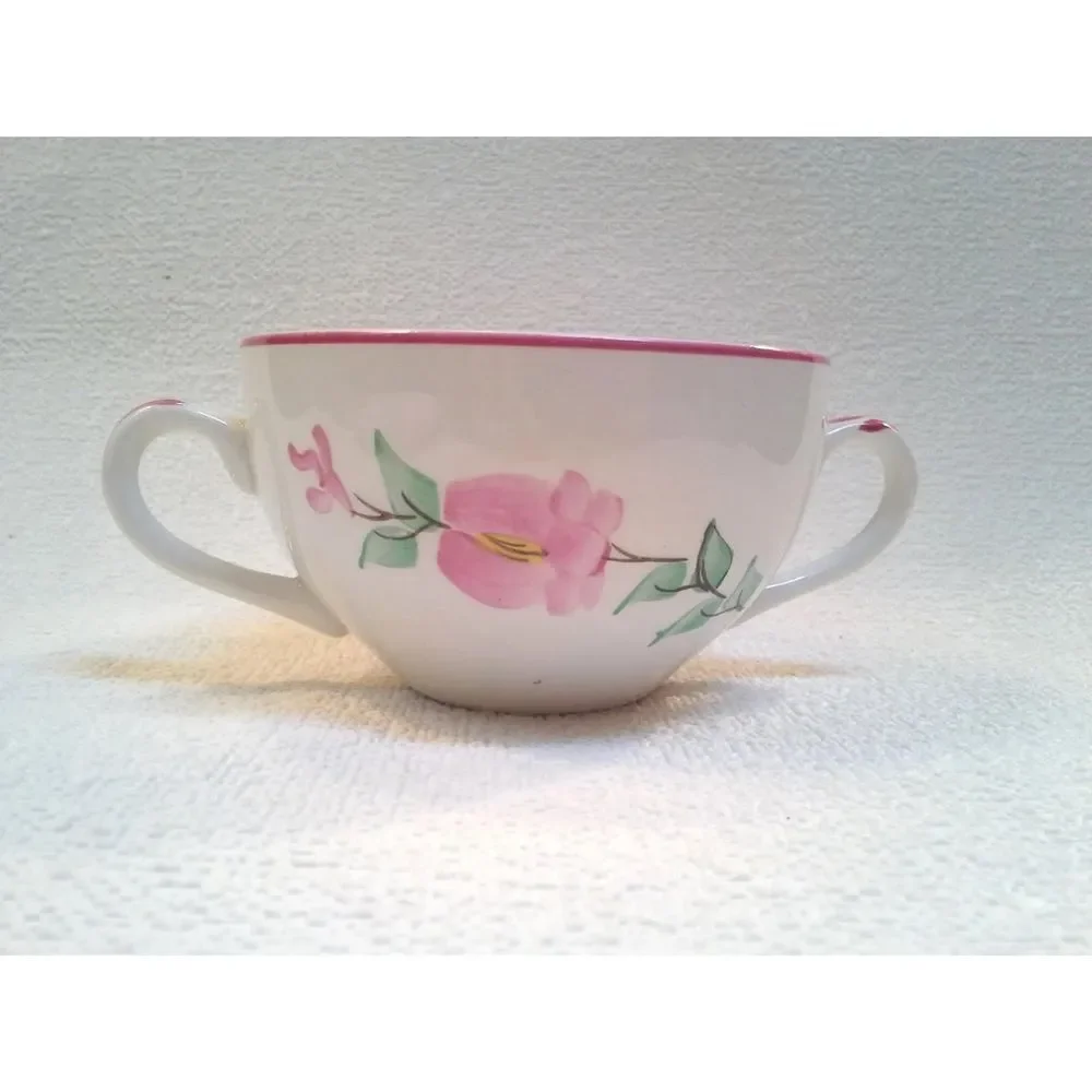 English Chanticleer Cup Saucer  Double Handle Tea Soup Cup Pink Rooster England